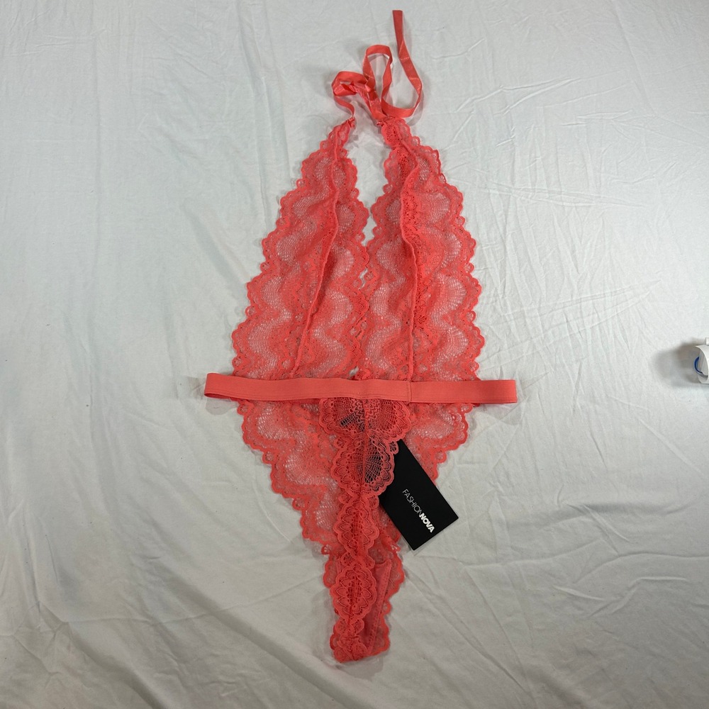 Fashion Nova Your Desire Is Mine Lace Teddy Coral Halter Lingerie S/M NEW - Picture 4 of 11